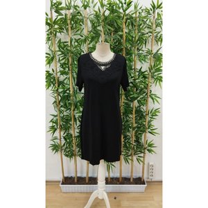 Robe courte en viscose à col en dentelle et manches courtes pour femme, 35258 - Noir - Product Image 3