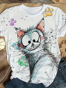 ใหม่เสื้อยืดคอกลมลำลองสำหรับผู้หญิงเสื้อยืดสีขาวโพลีเอสเตอร์95% ลายแมวระบายอากาศได้ดี - Product Image 6