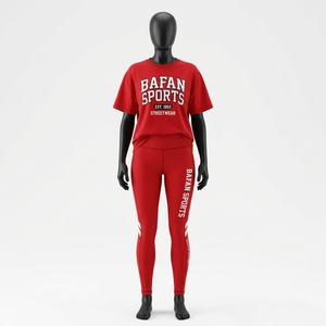 Ensemble t-shirt et leggings pour femme, 260 GSM, surpiqûres rouges, logo imprimé par transfert thermique, vêtements de fitness personnalisés, ensembles pour femmes - Product Image 2