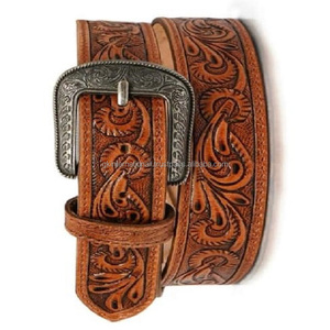 Vente en gros sur mesure ceinture d'outillage en cuir occidental sculpté à la main en relief floral élégant avec boucle à ardillon unique florale plaquée laiton - Product Image 1