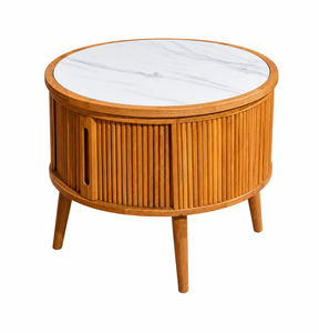 Scandinavian Round Coffee <b>Table</b> with Marble <b>Top</b>, <b>Solid</b> Ash <b>Wood</b> Tambour Storage Design for Living Room - Product Image 3