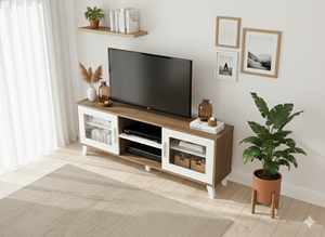 ตู้วางทีวีสไตล์โมเดิร์นร่วมสมัย สีโอ๊คโซโนมาเข้ม ประตูกระจกสีขาว สำหรับห้องนั่งเล่นหรืออพาร์ตเมนต์ รองรับทีวีขนาด 55-59 นิ้ว ผลิตในประเทศมาเลเซีย - Product Image 2