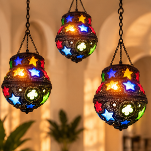 Farida Hookahs Handmade Moroccan Hanging Lantern Gold Brass/Grey Finish Colorful <b>Star</b> Glass Arabic Decorative Pendant <b>Light</b> IP - Product Image 2