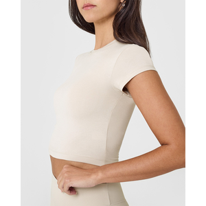 Camiseta de algodón Sand 100% para mujer, camiseta informal ligera, suave, transpirable y elegante, camiseta de entrenamiento de gimnasio de ajuste relajado de diseñador - Product Image 5