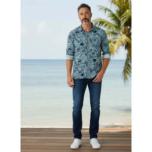 Chemise habillée élégante à manches longues pour homme, coupe ajustée, en popeline de soie mélangée, col boutonné, XL - Édition limitée, surchemise de plage - Product Image 1