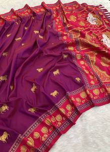Vêtements pour femmes de haute qualité pour les festivals, sari indien en tissu de soie doux, bordure contrastée, robe traditionnelle, style sud-indien - Product Image 3