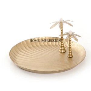 Centro de mesa de hotel y restaurante Comida y otros artículos que sirven forma redonda Árbol de coco chapado en oro Diseñador Bandeja de servicio de metal - Product Image 1