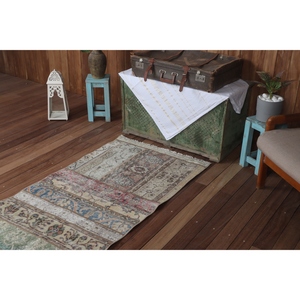 Tapis turc patchwork 2,6x11 pieds, marron arc-en-ciel géométrique avec éléments floraux, tapis vintage - Product Image 5