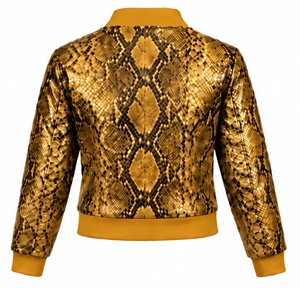 Chaqueta Bomber de Cuero PU con Estampado Animal Dorado para Mujer, Cuello Alto, Cierre de Cremallera, Manga Larga o Corta - Product Image 2