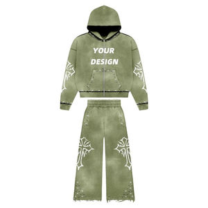 Hoodie and Straight Leg Flared Sweatpants Track Suit for Men Custom <b>Zip</b> <b>up</b> Acid Wash Teacksuit Screen Printed - Product Image 1