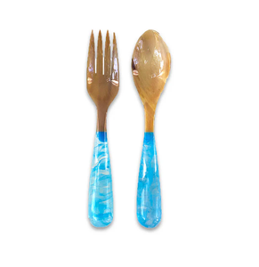 Ensemble de 2 cuillères à salade en métal faites à la main, avec manche en corne, bicolores, pour fêtes folkloriques, ustensiles de cuisine - Product Image 4