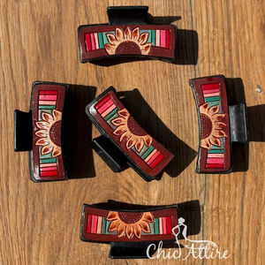 Nouvel arrivage de pinces à cheveux de tournesol en cuir usiné à la main de style occidental accessoires de cheveux de griffe en cuir véritable pour femmes - Product Image 1