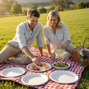 Assiettes rondes en bagasse compostables, écologiques et sûres pour l'emballage alimentaire, idéales pour les restaurants, les fêtes et les plats à emporter. - Product Image 3