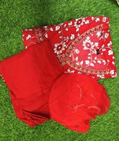 Ensemble élégant pour femme en coton georgette rouge, comprenant un short, un pantalon et un dupatta imprimé, avec boutons décoratifs, anti-plis, Hari Om