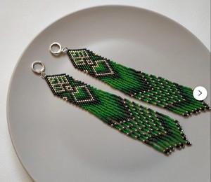 Long <b>Green</b> Beaded <b>Earrings</b> Fringe Seed Bead <b>Earrings</b> Gold Dangling Elegant - Product Image 2