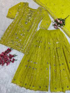 Faux <b>Fur</b> Winter Party Wear Top and Plazzo Set with Fancy Duppata and Embroidery Work - Product Image 5