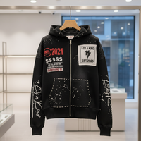 Sweat à capuche zippé Rexfit Sports Premium personnalisé imprimé DTG, effet délavé, en molleton épais, style streetwear, fermeture éclair intégrale, OEM