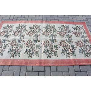 Vintage Turkish Rug, 3.8x7.2 ft Area Rug, <b>Red</b> White Patchwork <b>Wool</b> Rug - Product Image 3