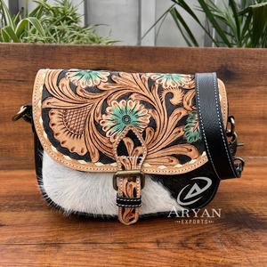 Bolsos de sillín de cuero con herramientas manuales de lujo originales para mujer, bolsos de hombro de lujo con diseño Floral de cuero de vaca genuino para mujer - Product Image 1