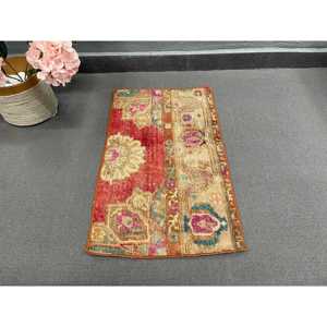 Vintage Turkish Rug, 1.4x2.5 ft Rug, <b>Red</b> Brown Polka dot <b>Wool</b> Rug - Product Image 3