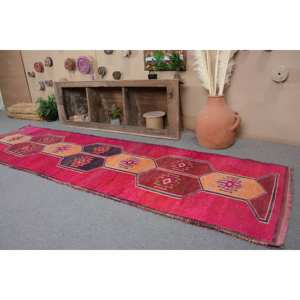 Alfombra turca Vintage Bohemia Rosa naranja 3,1x11,2 pies hecha a mano de lana Patchwork rectángulo diseño de pasillo para cabecera con respaldo de látex - Product Image 4