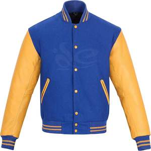 แจ็กเก็ตผ้าวูลแขนยาวผ้าวูลของผู้ชายสไตล์วินเทจผ้าสักหลาดสีฟ้าและหนังวัวสีทองขนาด XL ออกแบบได้ตามต้องการ - Product Image 1