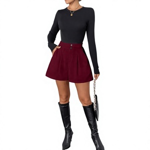 Jupe-short en velours côtelé taille mi-haute pour femme, couleur unie, boutonnée sur le devant, style décontracté, coupe régulière, tissu tricoté 100% coton, motif floral, fourrure - Product Image 4