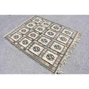 Tapis turc Vintage traditionnel Beige noir 4.3 X 5.4ft fait à la main Patchwork Design laine Polyester matériel avec Latex pour chambre - Product Image 2