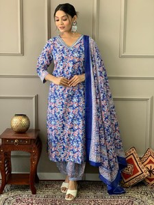 Vestido Étnico Indio de Algodón de Alta Calidad para Mujer, Diseño Floral Azul, Palazzo Salwar Kameez, Vestido de Verano, Hermoso Vestido Recto para Chicas - Product Image 3