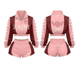 Ensemble sportswear femme : crop top coupe-vent et short en taffetas de polyester premium 120 GSM, rose bordeaux avec empiècements contrastants, logo personnalisé - Product Image 1