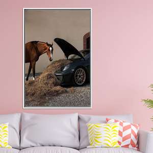 Printed Canvas: Funny Horse and Car Art for Rustic Decor,WHITE <b>FRAMED</b> CANVAS - Product Image 1