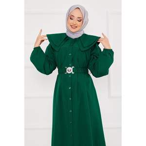 Vestido Hijab Esmeralda de calidad superior Cuello ancho Abotonado Longitud completa Casual Estilo modesto Suelto Sólido Hasta el suelo Gratis - Product Image 4