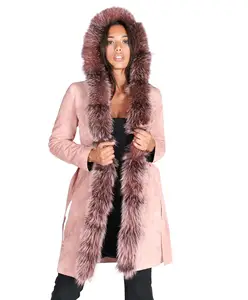 Women Pink Suede Lamb Leather Hooded Coat Fur Edge Manufacture from Pakistan