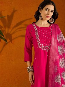 O Neck Front Side Embroidery Work Stylish Ethnic Wear Premium Silk Floral Print Salwar Kameez <b>Dress</b> for Women - Product Image 2
