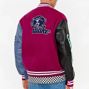 OEM Custom Chenille Vintage Patches Leather Sleeve Color Block Rib Cuff Varsity <b>Jacket</b> for Men Winter Hot Fashion - Product Image 5