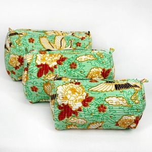 กระเป๋าซิปผ้าฝ้ายบุผ้าสไตล์วินเทจสีเขียวมิ้นท์โอเรียนทอลพิมพ์ลายนกระเบียกสำหรับจัดเก็บเครื่องสำอาง - Product Image 1