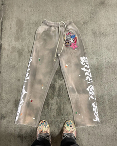 Streetwear Custom Embroidery French Terry <b>Paint</b> Acid Wash Hoodie and Flare Sweatpants Tracksuit Sweat Suits Men OEM Serviced - Product Image 5