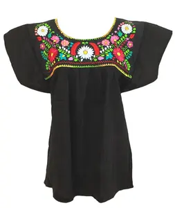 Bordado floral hecho a mano para mujer blusa campesina mexicana Bohemia para mujer