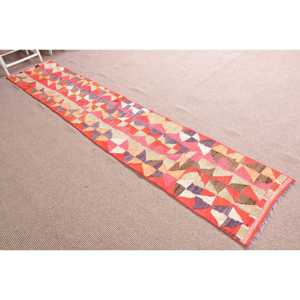 Alfombra Kilim de 1.9x10.7 pies, Alfombra Turca Vintage, Alfombra de Camuflaje Roja Naranja - Product Image 3