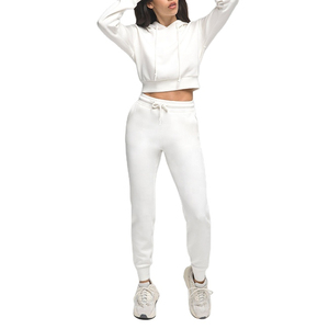 Sweat-shirt à capuche court blanc pour femme, en molleton décontracté, couleur unie, manches longues, pour l'automne - Product Image 3