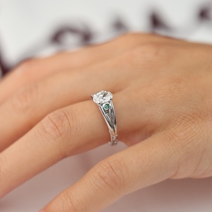 10x8mm Oval Cut <b>Moissanite</b> Vintage Engagement <b>Ring</b> with Green Side Stones | White Gold Bridal Jewelry - Product Image 3