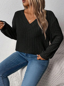 Sweat-shirt à col en V pour femme personnalisé, couleur unie, tricot gaufré, sweat-shirt tricoté gaufré pour femmes - Product Image 3