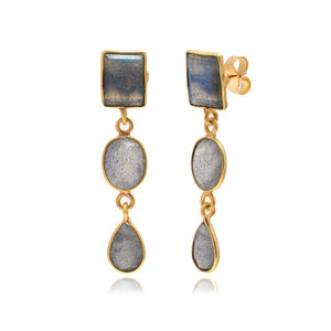 Boucles d'oreilles classiques pour femmes en argent sterling 925 plaqué or, faites à la main avec pierre précieuse naturelle labradorite, qualité supérieure, cadeau idéal - Product Image 2