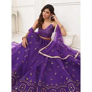 ชุดเลเฮนกาโชลีผ้าตาข่ายปักเลื่อมสีม่วงสุดหรูสำหรับงานแต่งงาน - Product Image 5