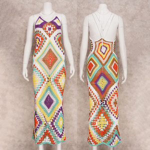 Robe longue tricotée à la main pour femmes, dos nu, vêtements de plage, robe d'été avec débardeur léger, robe de mariée multicolore - Product Image 2