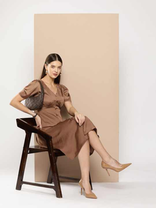 Vestido Midi con acabado satinado más vendido, 100% poliéster, mangas abullonadas, estilo elegante, ropa de oficina para niñas, directo desde la India - Product Image 6