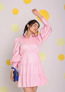 100% Baby Pink Cotton Summer <b>Mini</b> Dress Woven with Natural Cotton Fitted Bust Burst Short <b>Balloon</b> Sleeves Button Decoration - Product Image 3