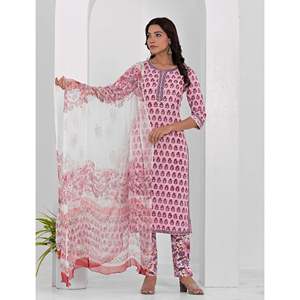 ชุดกางเกงคุรตะผ้าฝ้ายพิมพ์ลายบล็อกสีชมพู แขนสามส่วน สำหรับใส่ในชีวิตประจำวัน - Product Image 1