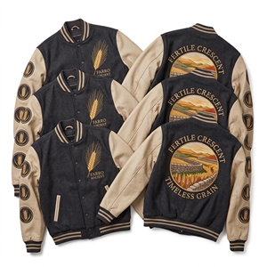 Wholesale Supplier Wool Letterman <b>Coat</b> Charcoal <b>Grey</b> Varsity Jacket Wheat Grain Farro Embroidery Beige Leather Sleeves - Product Image 1