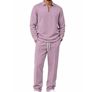 Factory Supplier Custom <b>Men</b> Waffle Knitted Spring Solid Set <b>Thermal</b> Two Piece Outfit with Matching <b>Top</b> Bottom Casual Wear - Product Image 1